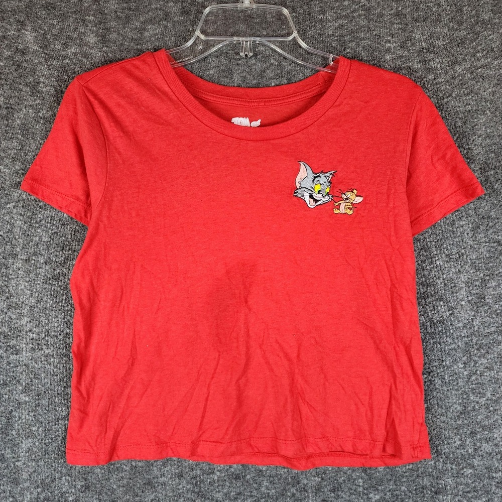 Tom and Jerry T-Shirt Youth L Red Embroidered Graphic Short Sleeve EUC